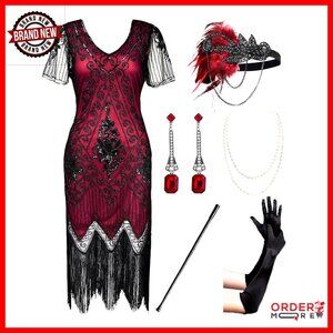 Plus Size Sequin Flapper Dress with Fringe Tassels and Accessories